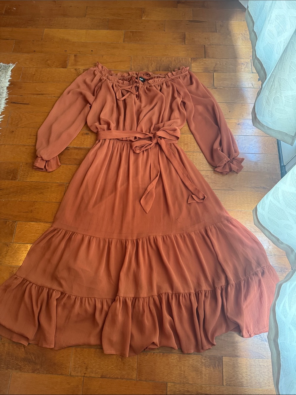 Off-Shoulder Rust Midi Dress with Waist Tie
